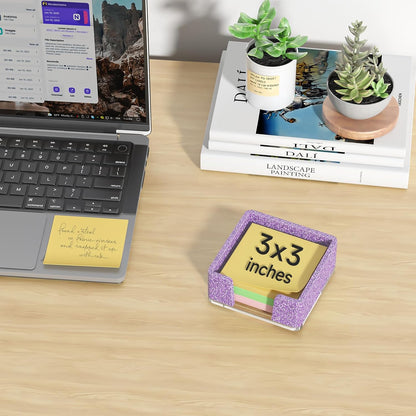 Sticky Note Holder, Glitter Pink Acrylic Notepad Holder 3x3 in Self-Stick Note Dispenser Office Desk Accessories, Memo Pad Holder Organizer for Classroom School Supplies