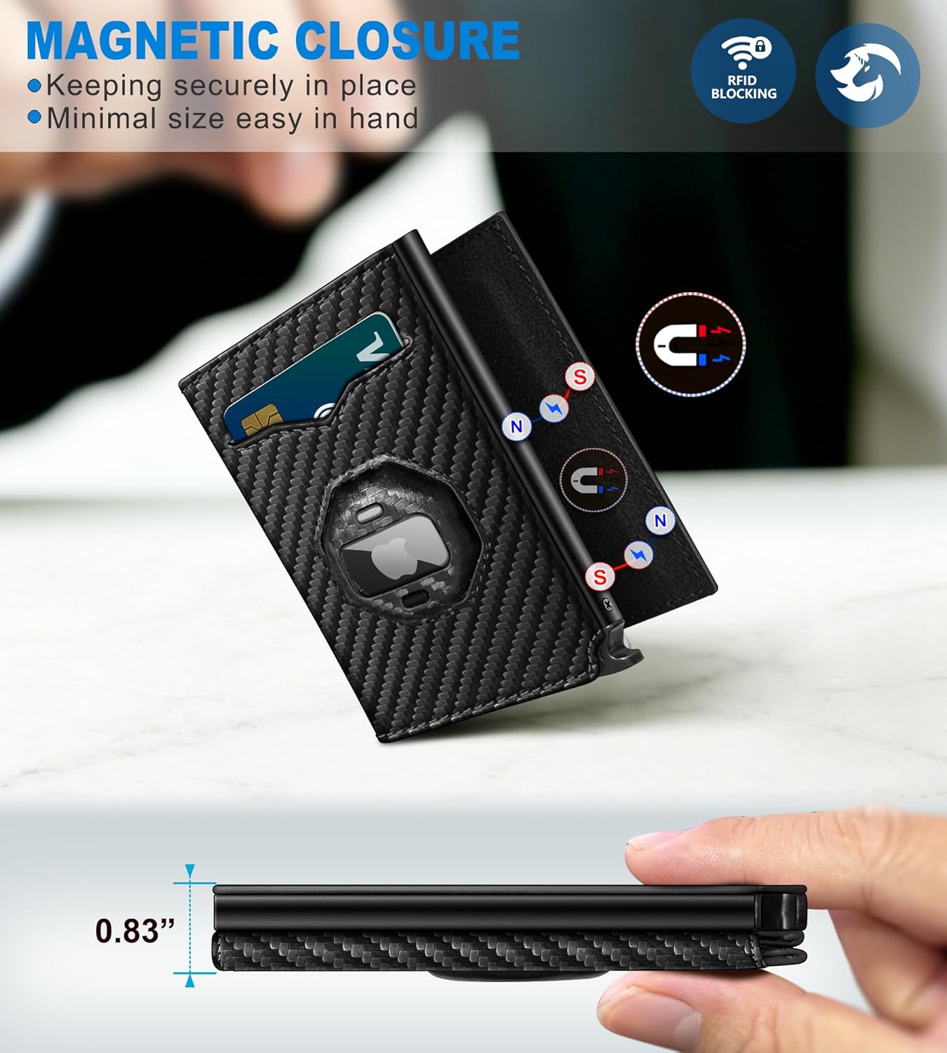Airtag Wallet for Men,with Cash Pocket 2 ID Window 10+ Cards,Metal Case Smart Slim Pop Up Credit Card Holder Flip with Magnetic Closure RFID Blocking Trifold Leather wallet with Gift Box