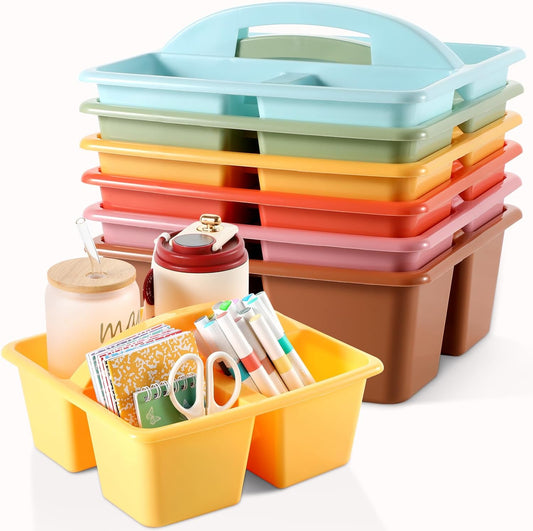 6 Pack 3 Compartment Small Caddy Plastic Classroom Organizer with Handle Portable Teacher Supply Storage Caddy Craft Art Caddies for Pencil, Crayon, Marker, Home, Office, School Supplies(Multicolored)