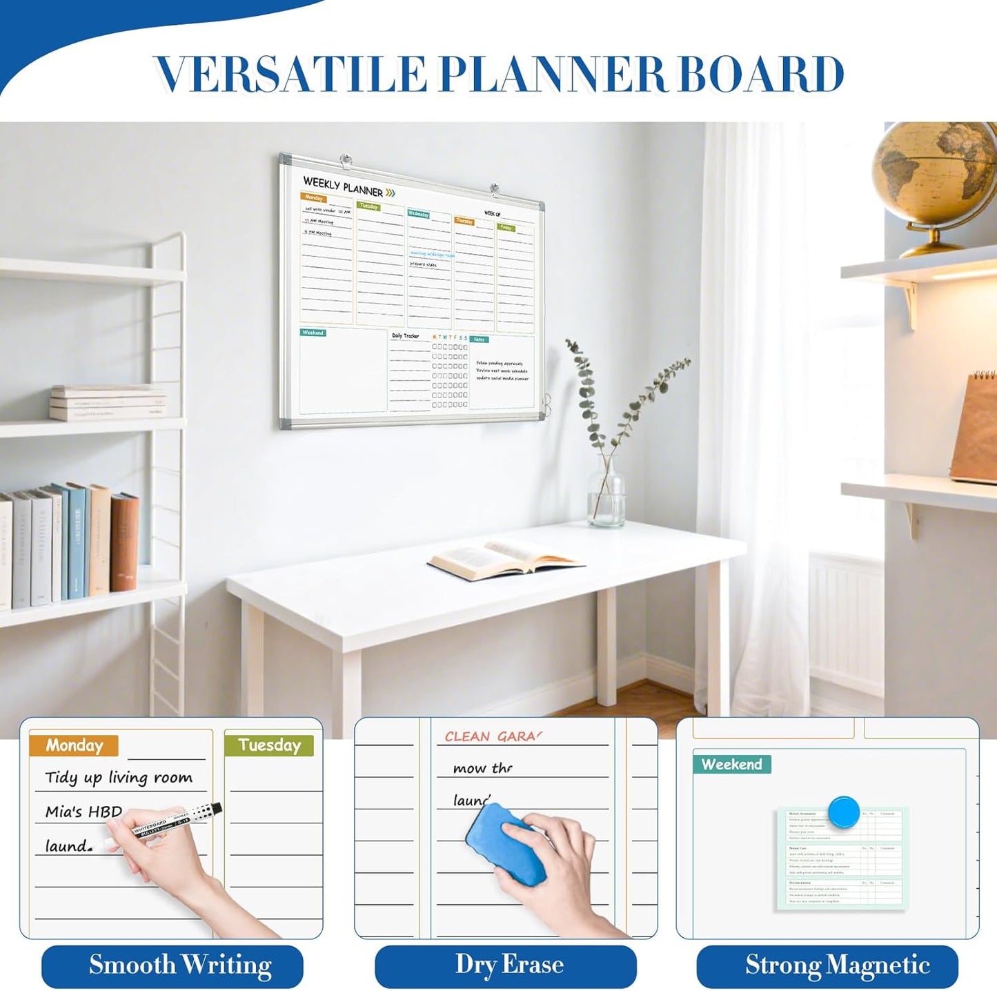 WALGLASS Weekly Dry Erase Calendar Whiteboard for Wall, 24" x 18" Double-Sided Weekly Planner White Board with Notes, Daily Tracker, Aluminum Framed Hanging & Wall Mount for Home, Office, School