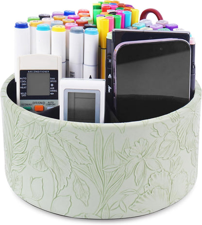 Round Leather Art Supply Organizer,Remote Control Holder,360 Degree Rotating,Multi-Functional Pencil Holder,4 Compartments Desktop Stationary Organizer(1-Fractal Flower) | Round - Colors A