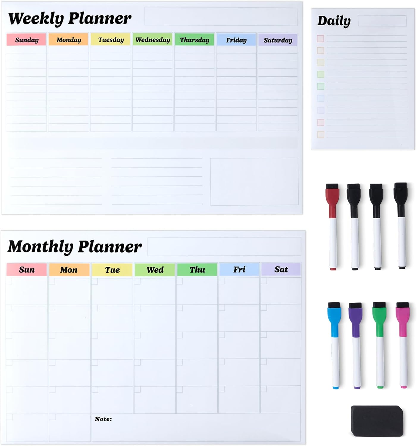 Amazon Basics Magnetic Dry Erase Calendar Whiteboard Set for Fridge, 3-Pack with 8 Markers and Eraser