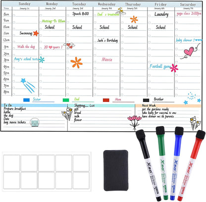 POPRUN Magnetic Fridge Calendar, 16.9"x11" Weekly Schedule Whiteboard, Dry Erase Board for Family Planning & Organization, Ideal for Home, School, Office