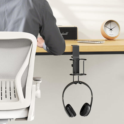 CABTE 2 in 1 Desk Cup Holder with Headphone Hanger Holder, Anti-Spill Clip-On Table Cup Hook with 360° Rotation for Lawn Chair, Office Home Gaming Table (1 Pack)