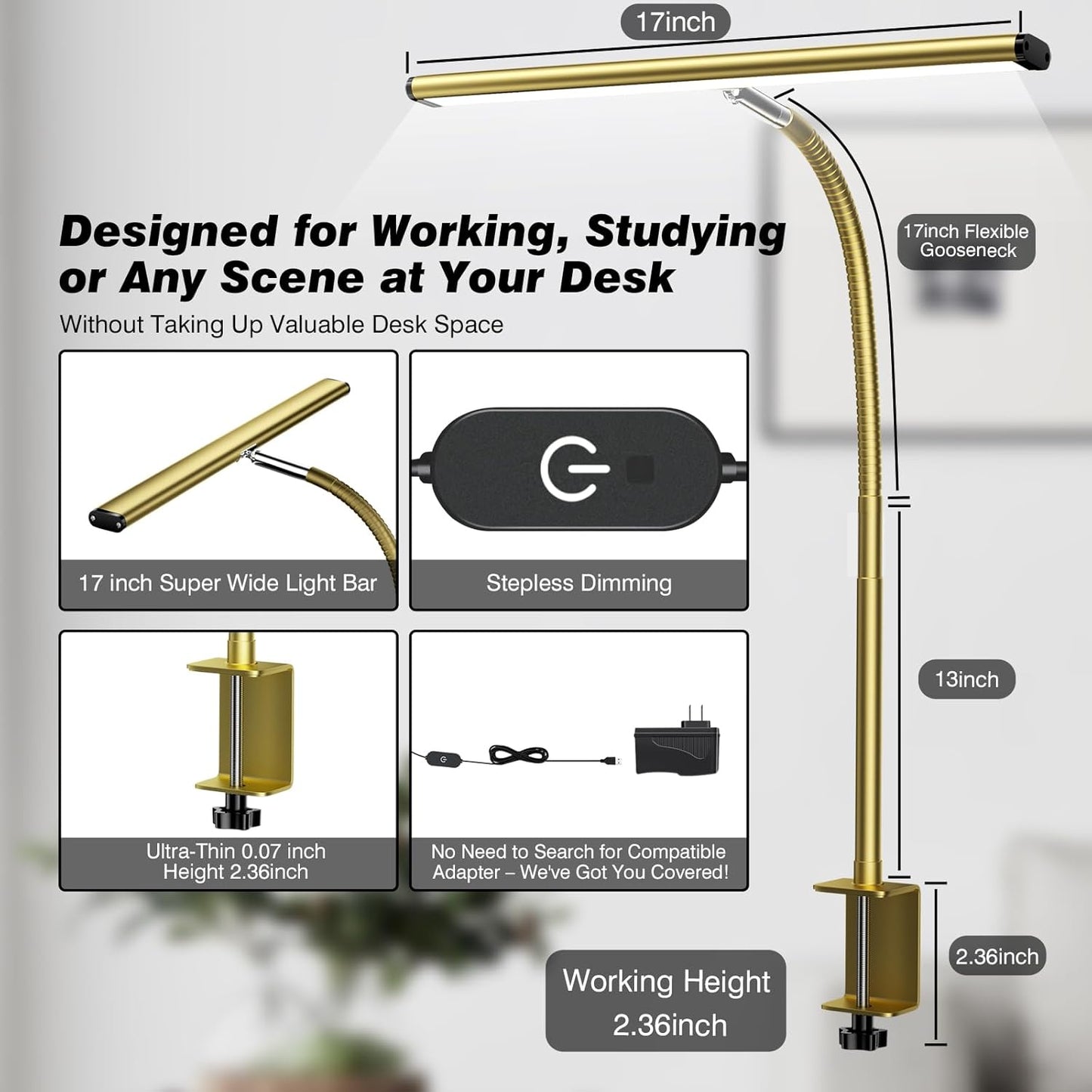 Airlonv LED Desk Lamp for Office Home, Eye-Caring Desk Light with Stepless Dimming Adjustable Flexible Gooseneck, 10W USB Adapter Desk Lamp with Clamp for Reading, Study, Workbench (Black)