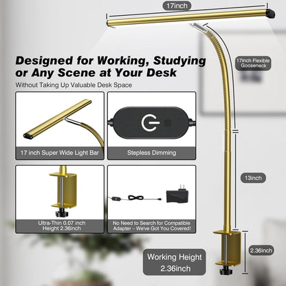 Airlonv LED Desk Lamp for Office Home, Eye-Caring Desk Light with Stepless Dimming Adjustable Flexible Gooseneck, 10W USB Adapter Desk Lamp with Clamp for Reading, Study, Workbench (Black)