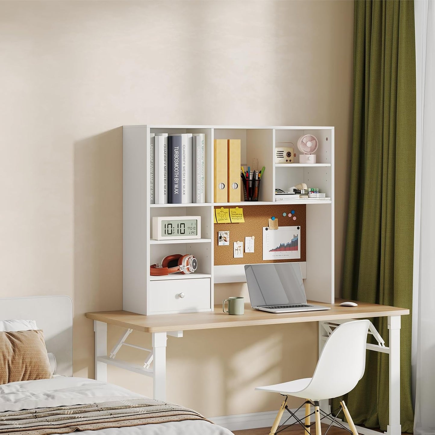 White Desk Hutch with Cork Board for Photos and Reminders, Dorm Desk Hutch with Drawers and Shelves, Desktop Bookshelf for College Dorm, Student Bedroom, Compact Study Spaces