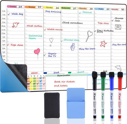 POPRUN Magnetic Fridge Calendar, 16.9"x11" Weekly Schedule Whiteboard, Dry Erase Board for Family Planning & Organization, Ideal for Home, School, Office