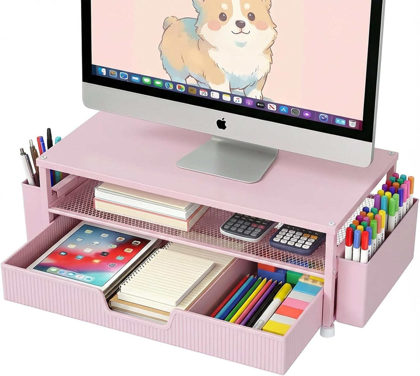 ECOLOVI Desk Organizer and Accessories, 2-Tier Computer Monitor Stand Rise with Storage Drawer & 2 Pen Holders, Laptop & Printer Stand for Desktop, Workspace Organizers for Office Supplies (Brown)