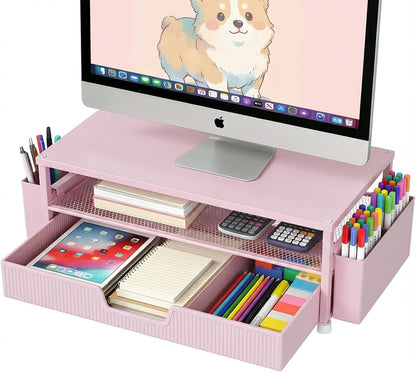 ECOLOVI Desk Organizer and Accessories, 2-Tier Computer Monitor Stand Rise with Storage Drawer & 2 Pen Holders, Laptop & Printer Stand for Desktop, Workspace Organizers for Office Supplies (Brown)