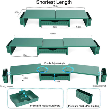 gianotter Dual Monitor Stand Riser, Desk Organizer With Drawer and 2 Pen Holders,Computer Monitor Stand, Desk Shelf for Top of Desk, Wood