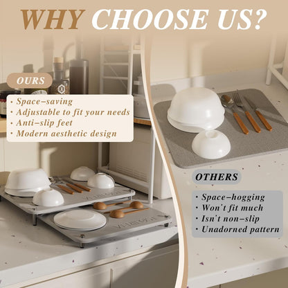 Pearl White 2Pcs Large Stone Dish Drying Mat with Acacia Wood Holder Stand for 1 Inch Cutting Board and Stone Drying Mat for Kitchen Counter Quick Dry Diatomaceous Earth Mat for Kitchen Counter