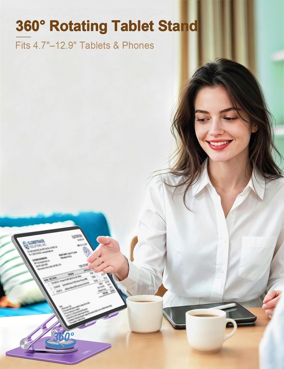 Aoviho Tablet Stand 360° Rotating Aluminum Holder - Adjustable, Portable & Foldable Monitors Stand for iPads, Compatible with 4-13.3" Tablets, Purple