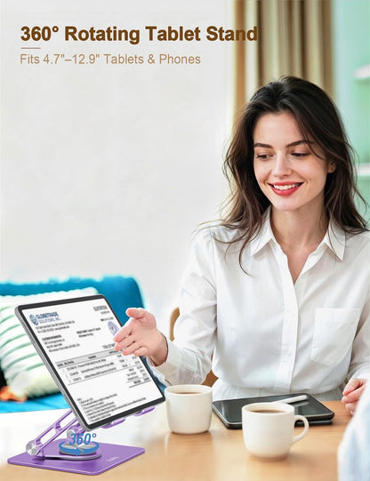 Aoviho Tablet Stand 360° Rotating Aluminum Holder - Adjustable, Portable & Foldable Monitors Stand for iPads, Compatible with 4-13.3" Tablets, Purple
