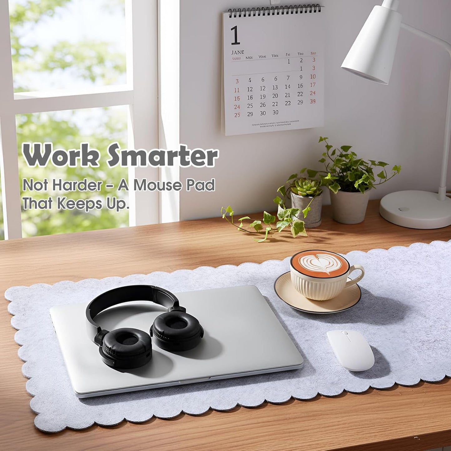 Copkim 35 x 16.5 Inch Felt Desk Mat with Scalloped Edges, Large Felt Mouse Pad Non Slip Scalloped Computer Laptop Desktop Pad for Keyboard and Mouse Home Office(Gray)