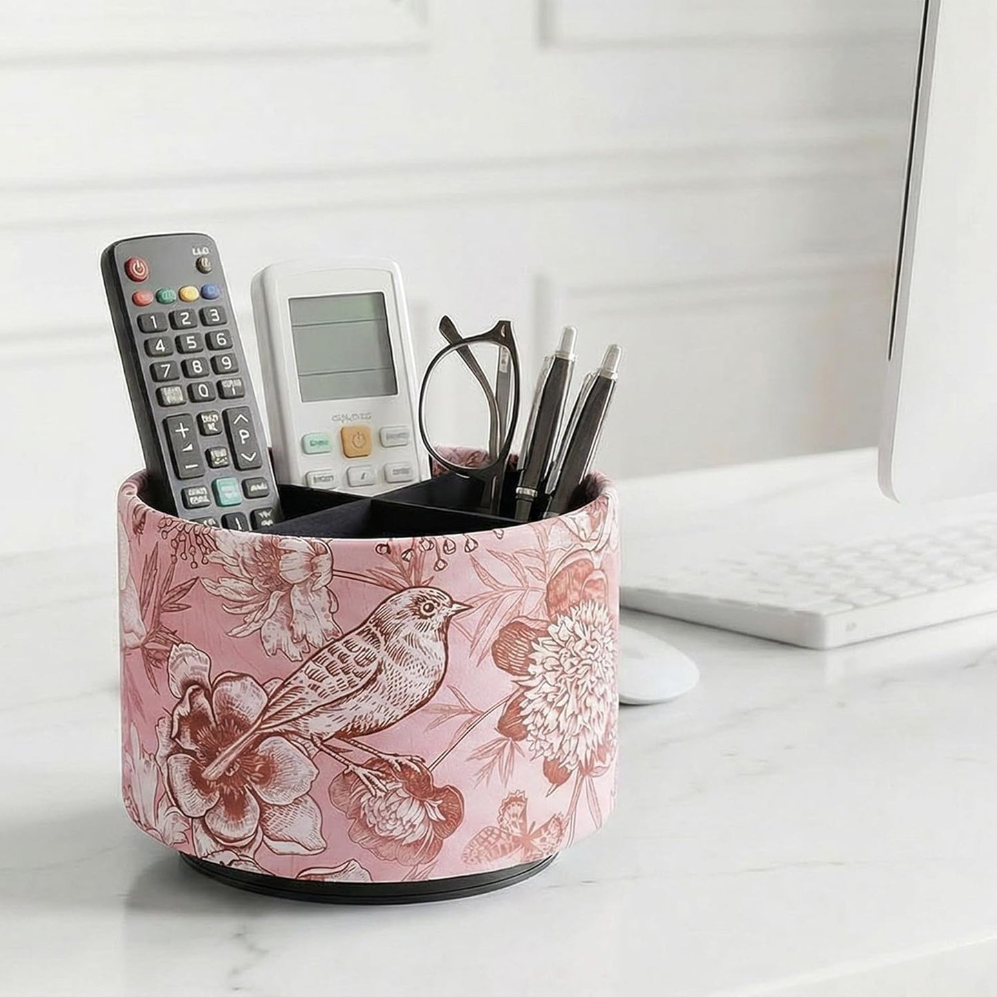 Round Leather Art Supply Organizer,Remote Control Holder,360 Degree Rotating,Multi-Functional Pencil Holder,4 Compartments Desktop Stationary Organizer(1-Fractal Flower) | Round - Colors C