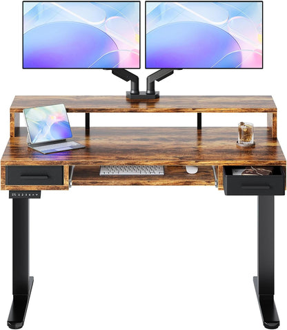 HUANUO 55″ x 26″ Electric Standing Desk with 2 Drawers &24.4″ Large Keyboard Tray, C-Clamp Mount Compatible, Adjustable Computer Desk for Office, Sit Stand Up Desk with 4 Height Presets, Light Walnut