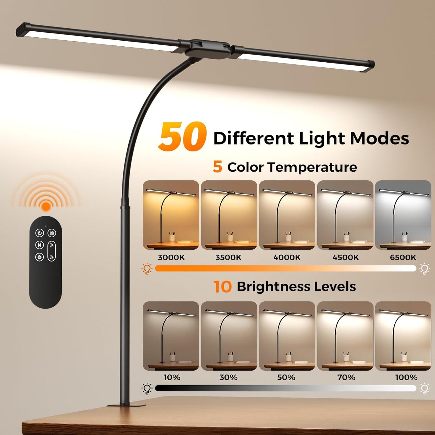 SKYLEO Led Desk Lamp for Home Office - 2400LM Ultra Bright Desk Light -Eye Caring Desk Lamp with Clamp - Adjustable Office Lamp with Remote Control- Easy Installation - 24W Black