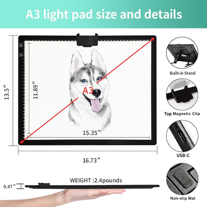 Rechargeable A4 Light Pad - Stepless Dimmable 6 Levels Brightness Tracing Light Box, Diamond Painting Light Board with Top Clip, Battery Powered Portable Light Pad for Weeding Vinyl Tracing
