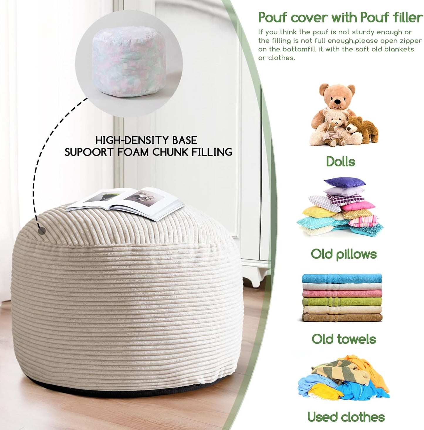 HIGOGOGO Round Stuffed Pouf Ottoman, Corduroy Poufs with Foam Chunk Filling, Furry and Fluffy Pouf Foot Stool Storage Ottoman, 20 X 15 Floor Poufs Foot Rest for Living Room, Dark Grey