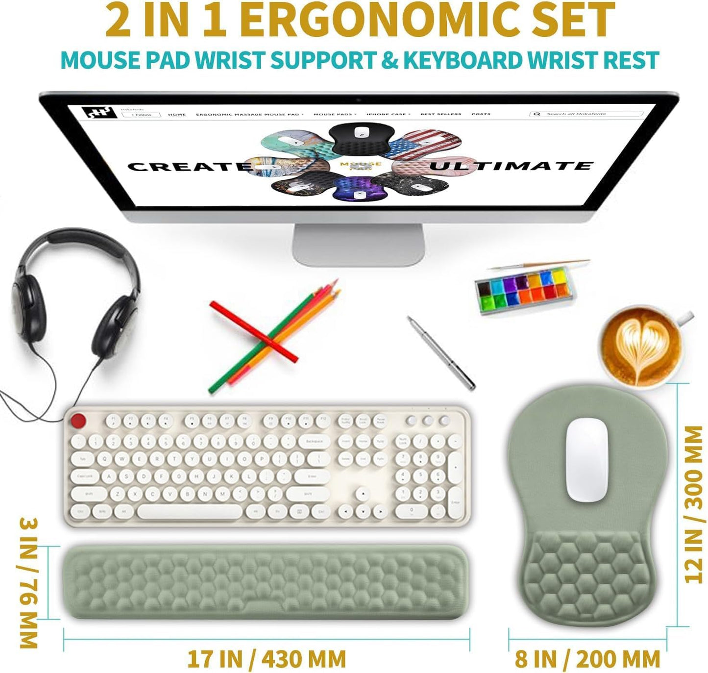 Hokafenle 2 in 1 Ergonomic Mouse Pad Wrist Support & Wrist Rest for Computer Keyboard Set, with Relieve Carpal Tunnel Pain Massage Bulge and Full Memory Gel Design (2In1 Set, Black)