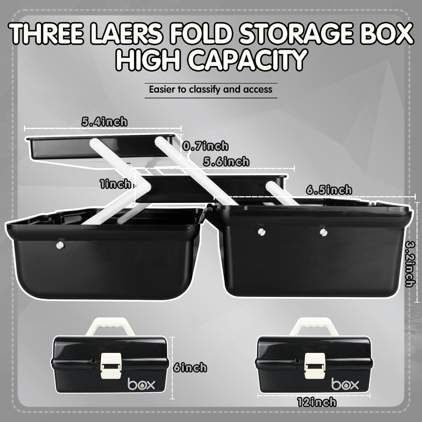 TERGOO 12in Three-Layer Multipurpose Storage Box Organizer Folding Tool Box/Art & Crafts Case/Sewing Supplies Organizer/Medicine Box/Family First Aid Box with 2 Trays (Black)…