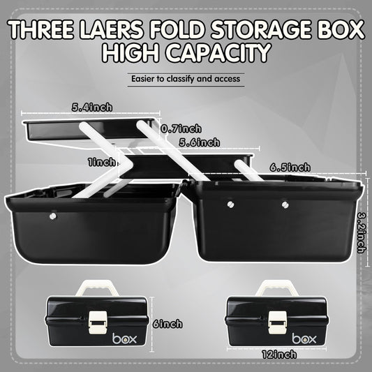 TERGOO 12in Three-Layer Multipurpose Storage Box Organizer Folding Tool Box/Art & Crafts Case/Sewing Supplies Organizer/Medicine Box/Family First Aid Box with 2 Trays (Black)…