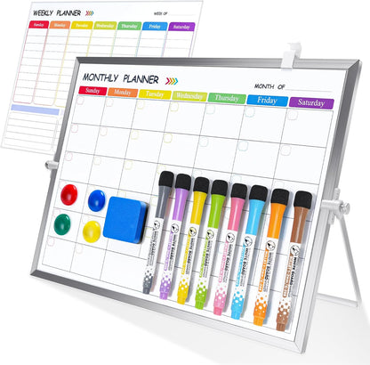 3 in 1 Colorful Magnetic Dry Erase Weekly Planner&Monthly Calendar& 16"x12" Double Sided Magnetic Desktop Whiteboard with Stand,8 Markers, 4 Magnets, 1 Eraser for Office,School,Home