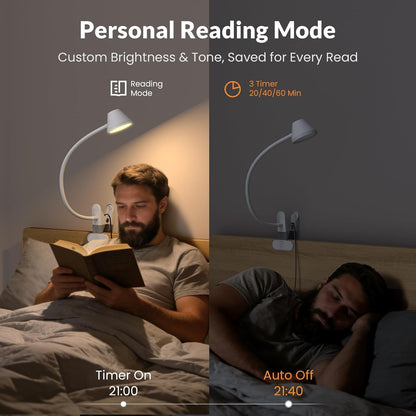 LEPOWER Clip on Light, 7W Reading Lights for Books in Bed with 5 Colors & Stepless Dimming, RG0 Eye-Care, Amber Glow Light & Auto Timer, Strong Clamp with Adapter for Headboard, Bedside, Desk, Black