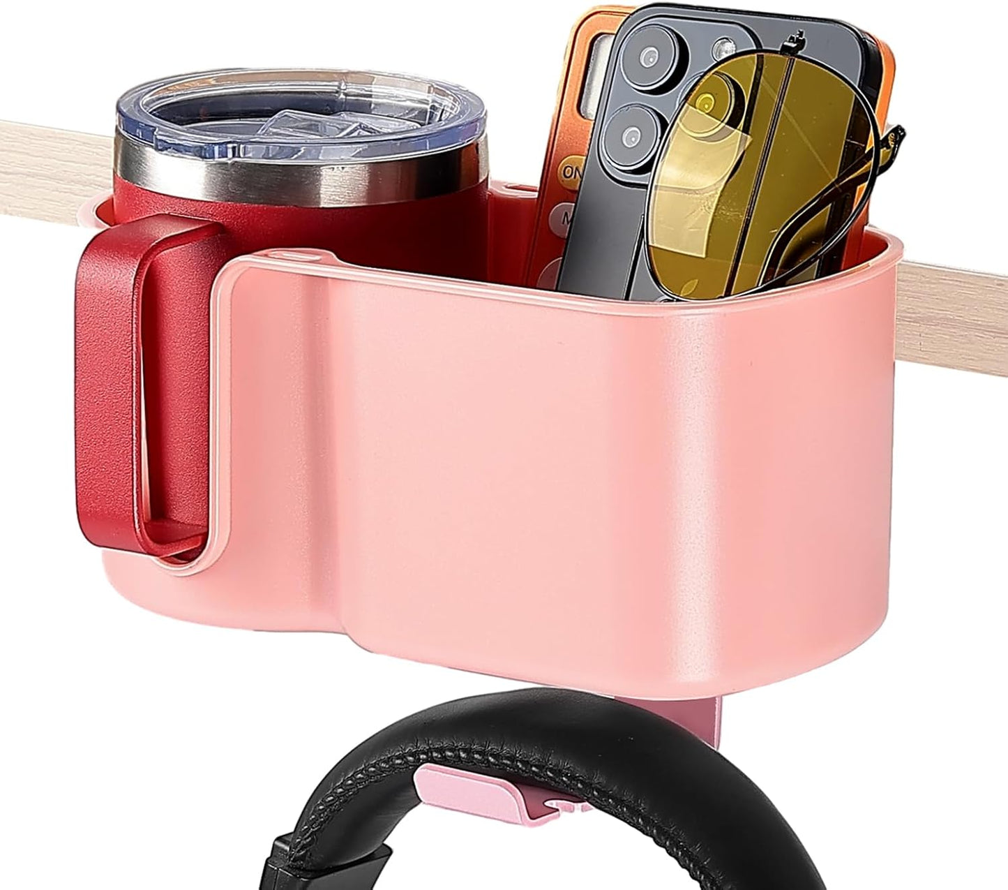 KEMIMOTO Desk Cup Holder with Headphone Hanger, 2 in 1 Caddy Organizer for Office Table, Lawn Chair, Golf Cart, Pontoon Boat, Fit for Most 18-32 oz Bottles (1)