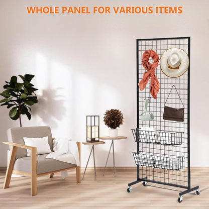 Eastern Tree 1 Pack 2.5'x 6' Three Pieces Grid Wall Panels Stand with T-Base, Black Wire Grid Wall Rack with Wheels, Craft Display Rack, Retail Display, Art Display, Extra More 10 Pieces Hooks