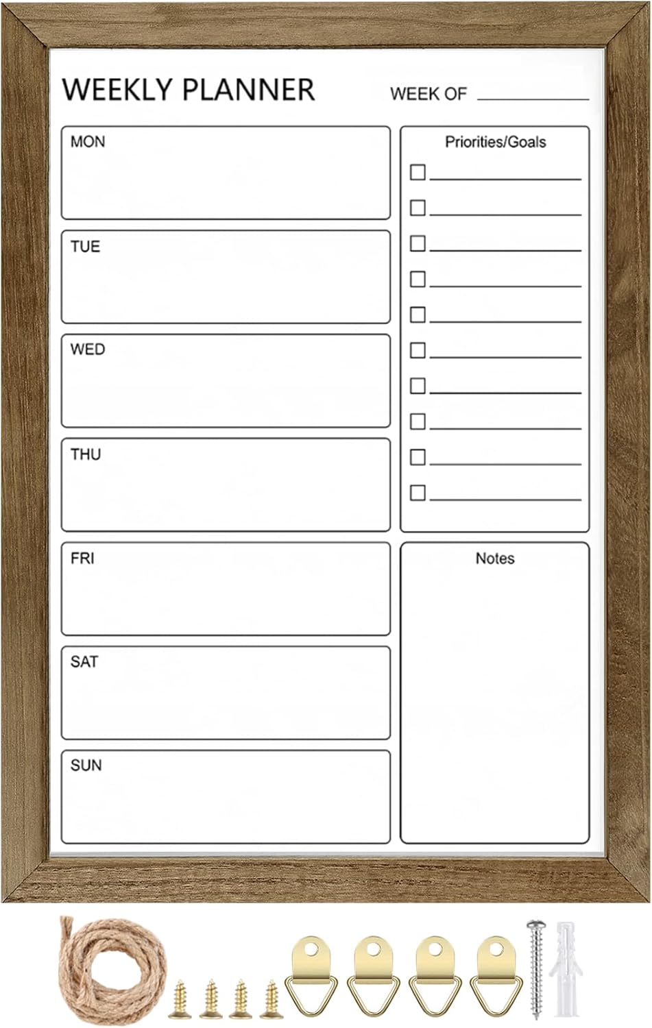 Dry Erase White Board Weekly Calendar Board, Magnetic Whiteboard for Wall,13“x17 Solid Wood Rustic Brown Framed Message Board, Planner Board for Office, Home, School(Weekly-BB-RB-3343)
