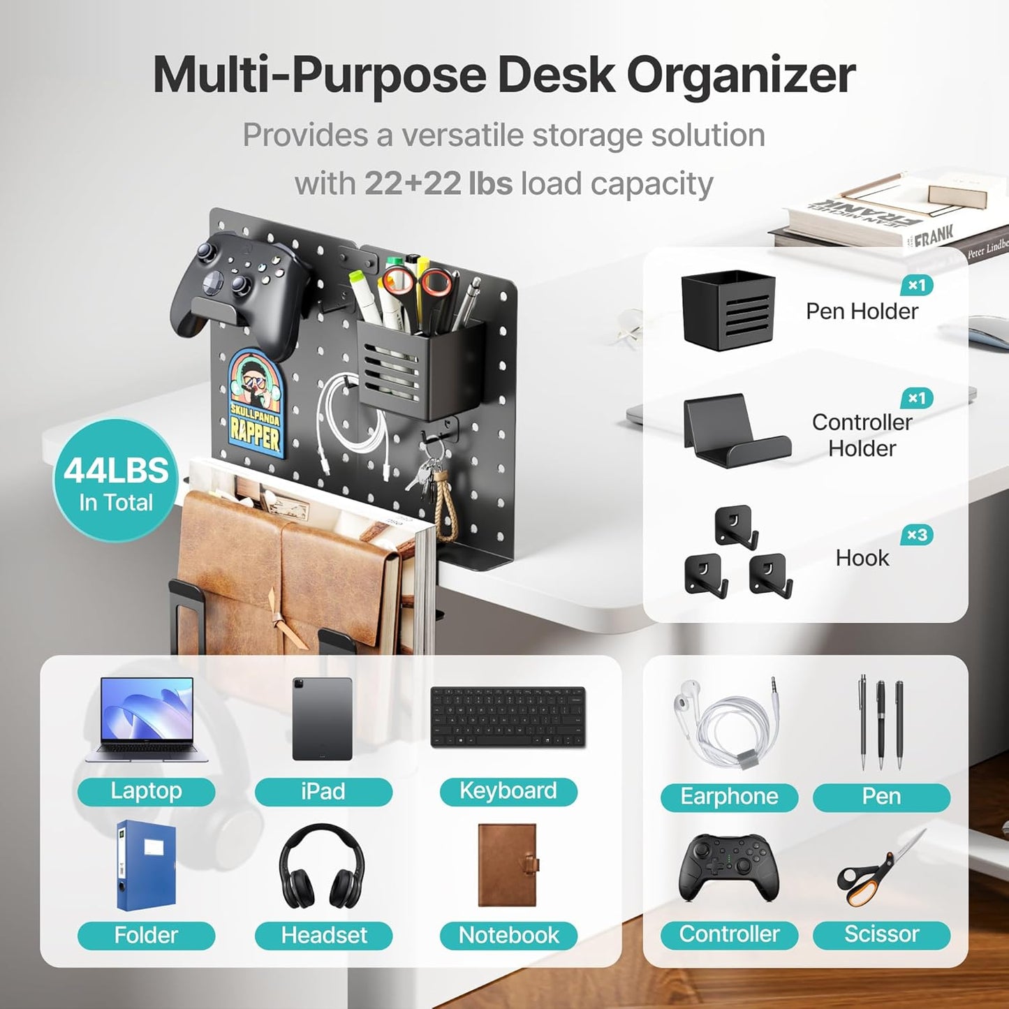 PEGZONE Desk Side Storage, 2-Slot Under Desk Laptop Holder, Vertical Laptop Stand with Headphone Holder and Pegboard Accessories, Desk Organizer for Office Gaming, Black
