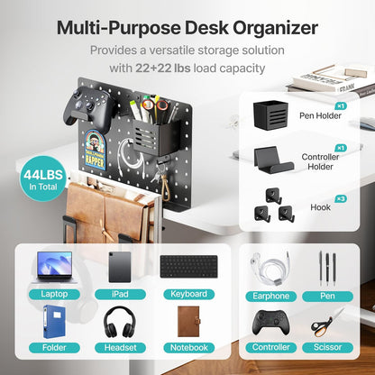 PEGZONE Desk Side Storage, 2-Slot Under Desk Laptop Holder, Vertical Laptop Stand with Headphone Holder and Pegboard Accessories, Desk Organizer for Office Gaming, Black