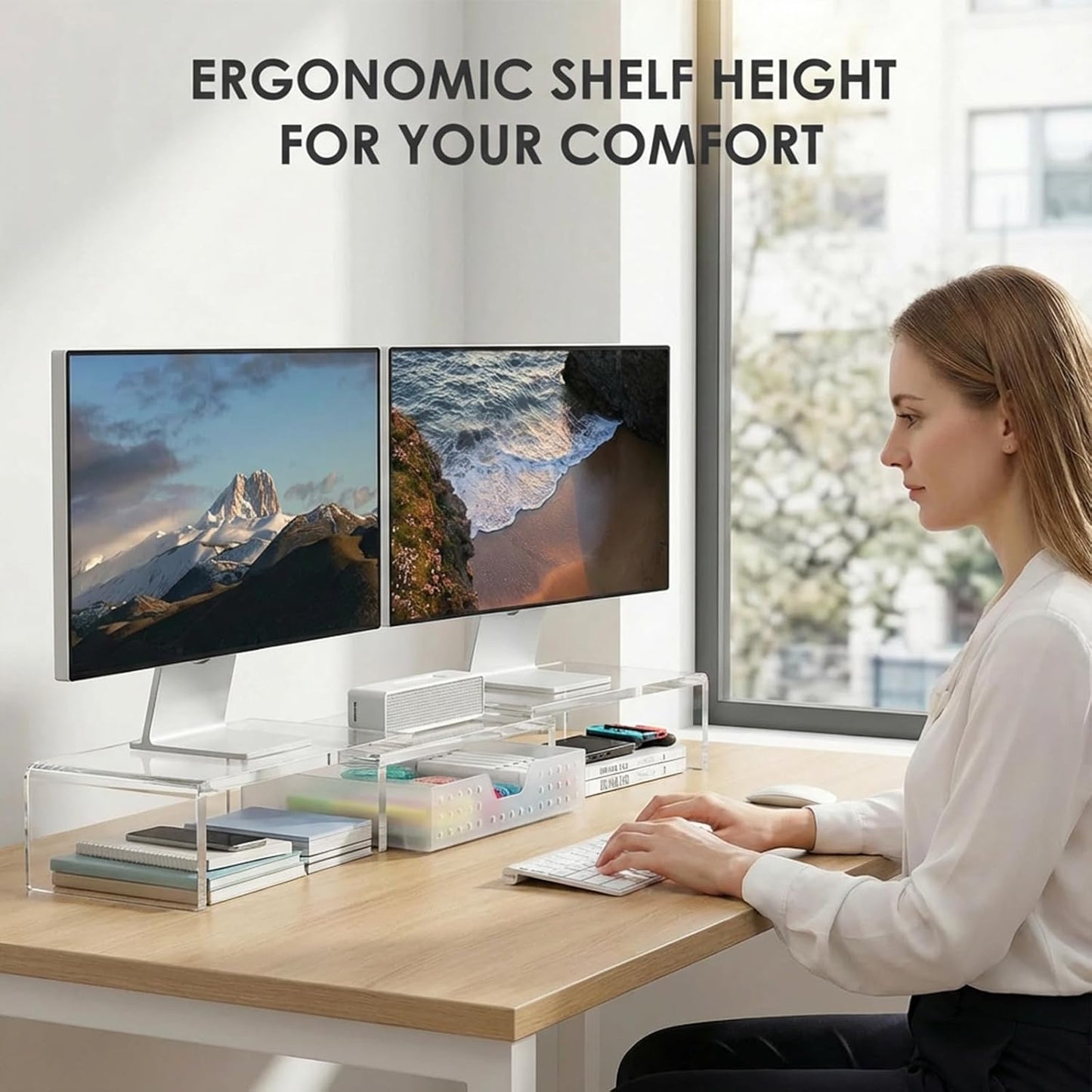 OPNICE Desk Organizers and Accessories, Dual Monitor Stand Riser with Drawer and 2 Pen Holders, Desk Shelf Wood Computer Racks for Office Workspace Organizers, Desktop Organization (Rustic Brown)