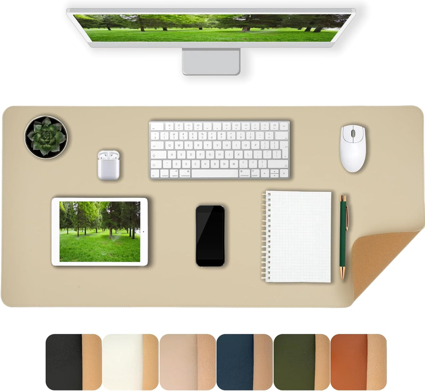 Desk Pad Mat Dual-Sided Natural Cork and PU Leather Non-Slip Water-Resistant Desk Matt for Desktop