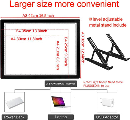 A2 Light Pad 26"x19", 10000+ LUX High Brightness, 3 Colors & 10-Level/Stepless Dimming,Light Board Extra Large with UL Adapter for Diamond Painting, Drawing, Tracing, Sketching-Aluminum Frame