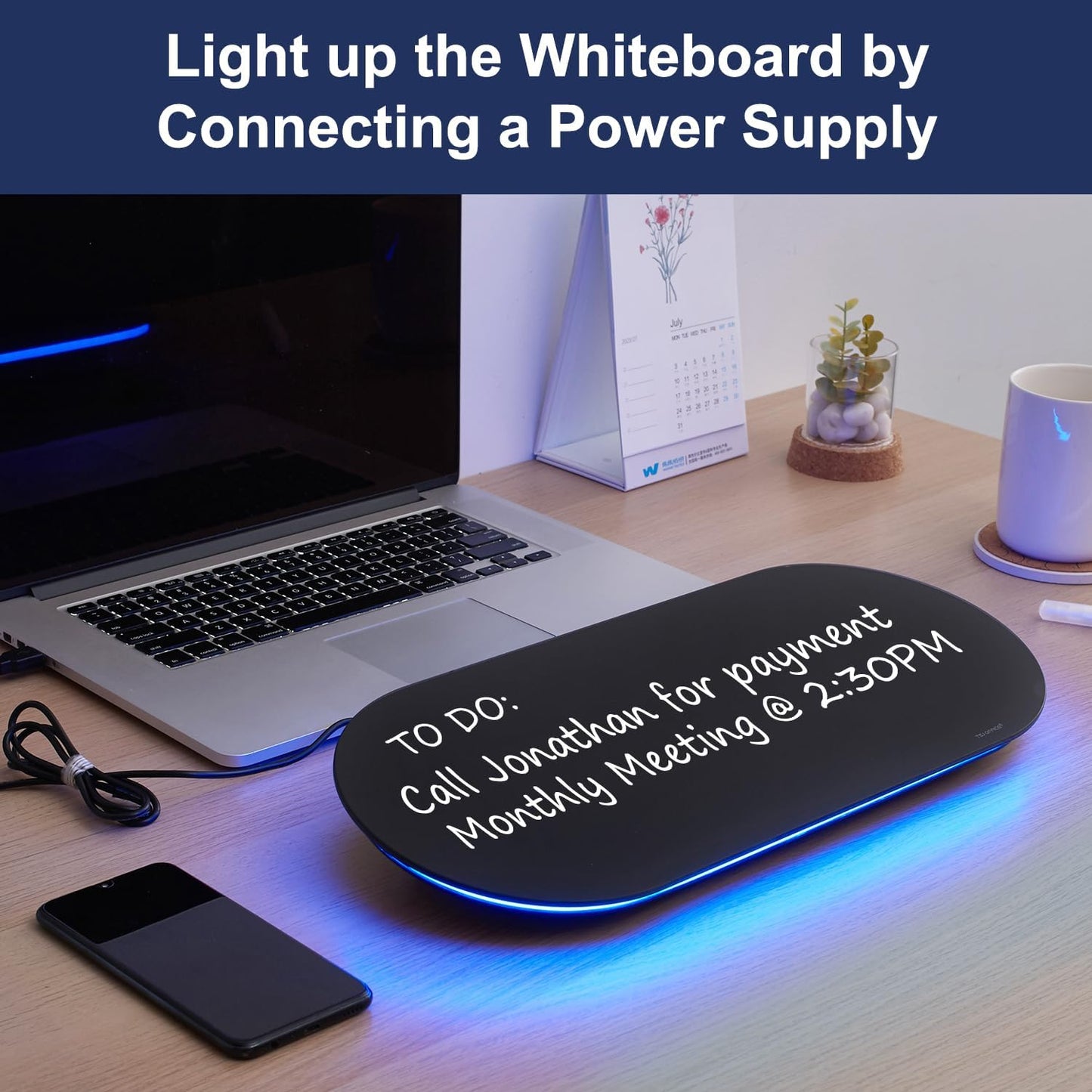 TSJ OFFICE Glass Desktop Whiteboard - 17 X 7 Inches Small Dry Erase Board with Green Light, Black Glass White Board Surface Notepad with 1 Drawer, Desk Organizers for Office, Home, School Supplies