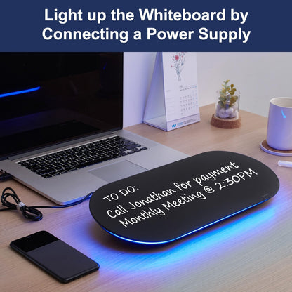TSJ OFFICE Glass Desktop Whiteboard - 17 X 7 Inches Small Dry Erase Board with Green Light, Black Glass White Board Surface Notepad with 1 Drawer, Desk Organizers for Office, Home, School Supplies