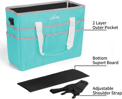 JJRING Craft Organizer Tote Bag for Art Storage, Caddy with Multiple Pockets, Bluish Green Sewing Bag for Scrapbooking, School, Medical, and Office Supplies