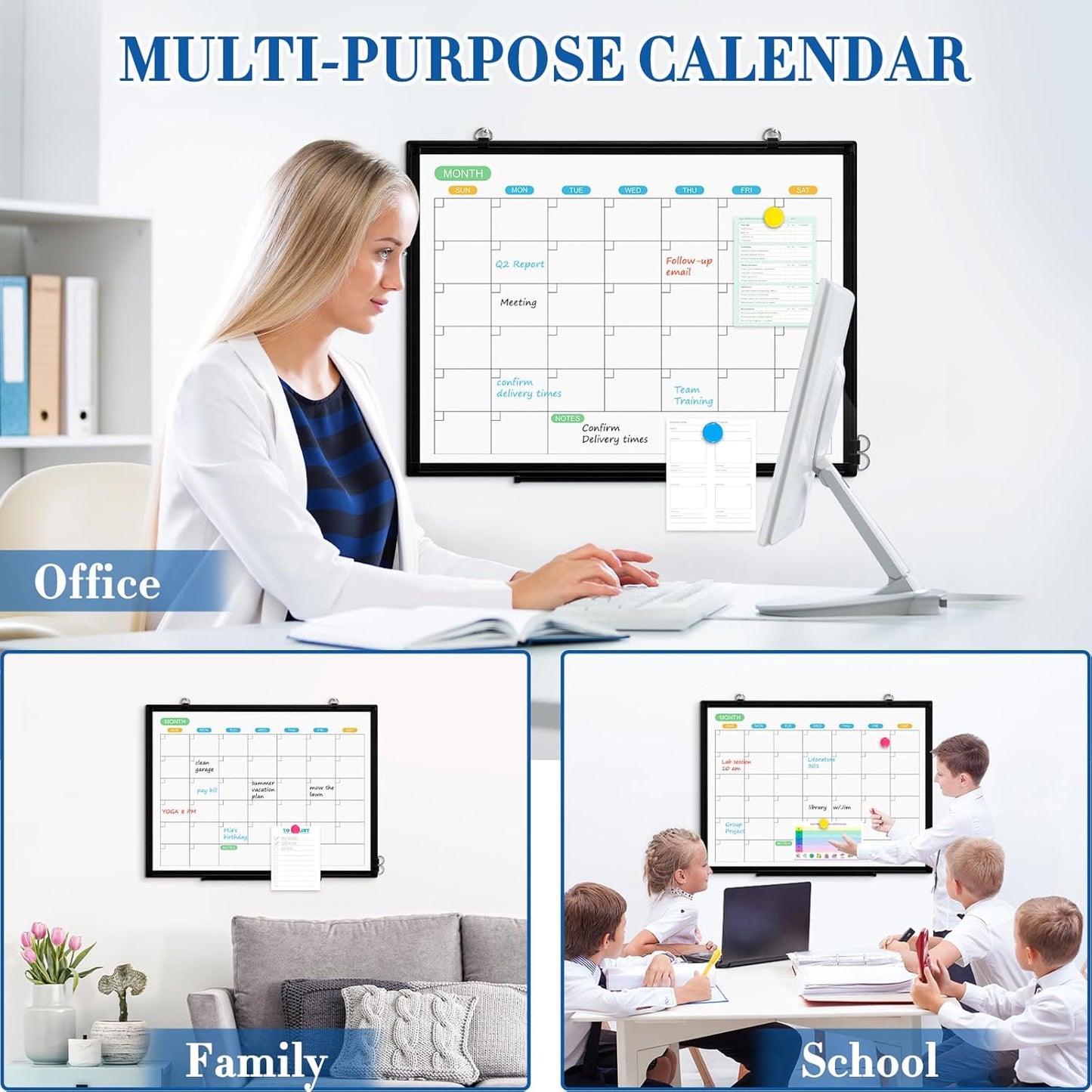 WALGLASS Weekly Dry Erase Calendar Whiteboard for Wall, 24" x 18" Double-Sided Weekly Planner White Board with Notes, Daily Tracker, Aluminum Framed Hanging & Wall Mount for Home, Office, School