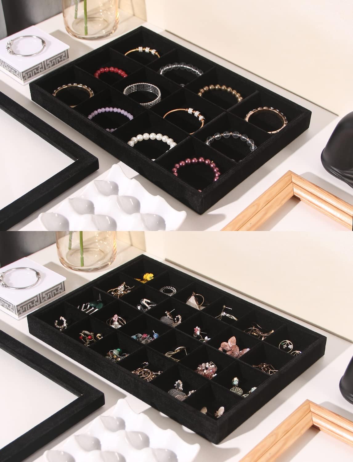 Coward Sunglass Organizer, Beige Velvet Glasses Trays - Eyeglasses Watches Jewelry Display - Men Women (8 Grids)
