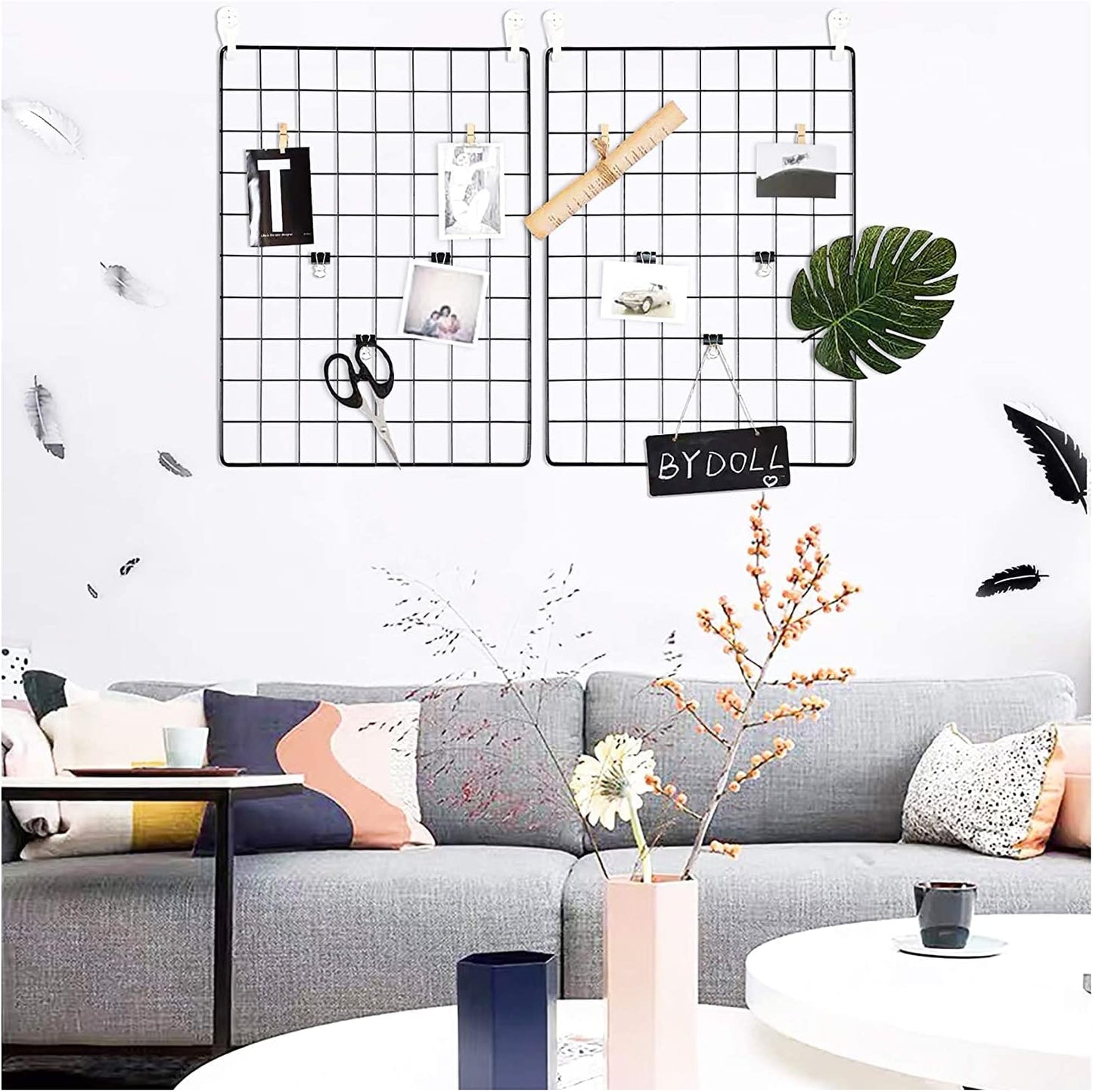 C&AHOME Photo Wall Display Set of 2, Grid Panel with Hooks, Clips, Hemp Cord, Hammer - 15.7" x 11.8", White UWWGM3402W