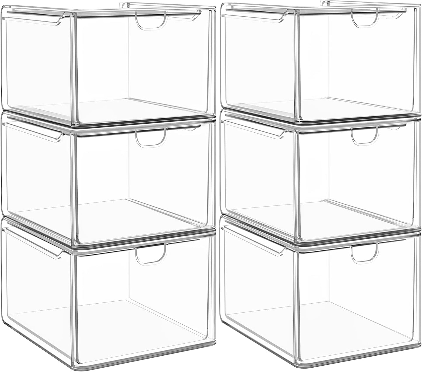 caktraie 6 Pack Small Clear Stackable Acrylic Storage Boxes for Art Tool & Sketch, Stroage Drawers, Makeup Organizer, Plastic Storage Bins For Vanity, Kitchen Cabinets, Pantry, Home Organization