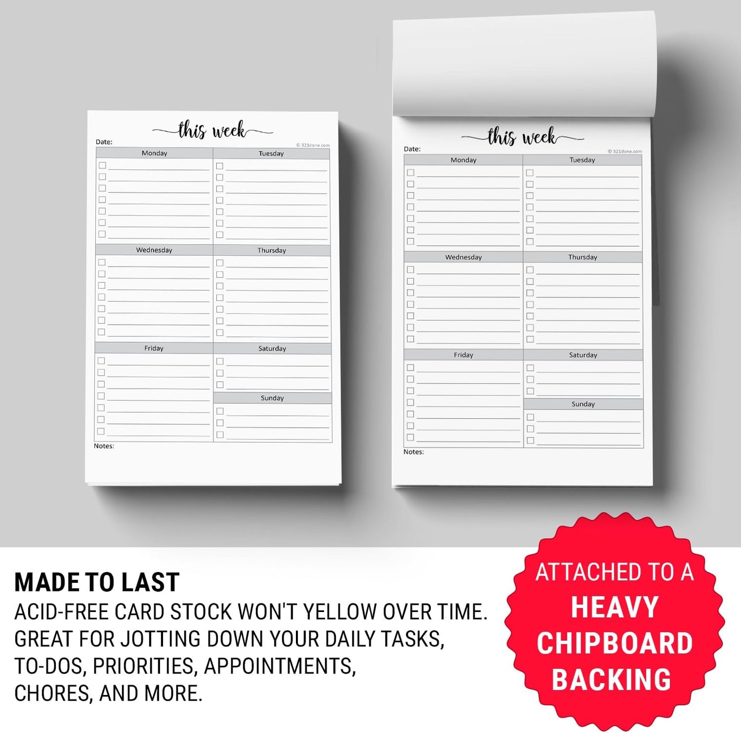 321Done Weekly Checklist Notepad - 50 Sheets (5.5" x 8.5") - This Week to Do Notepad Tear Off Planning Pad, Planner Checklist Organizing - Made in USA - Simple Script