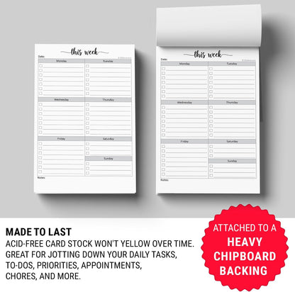 321Done Weekly Checklist Notepad - 50 Sheets (5.5" x 8.5") - This Week to Do Notepad Tear Off Planning Pad, Planner Checklist Organizing - Made in USA - Simple Script