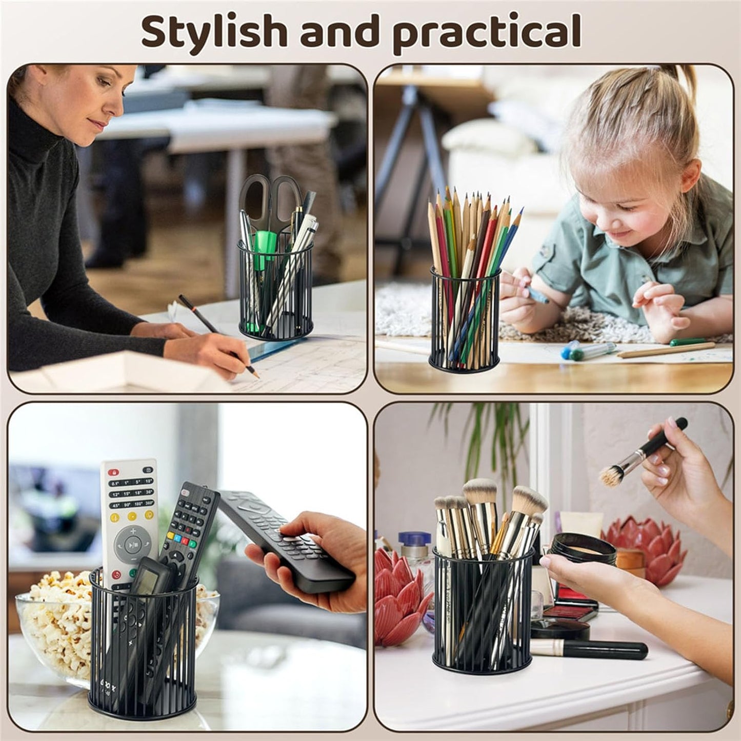 2 Sets Metal Pen Holder for Desk,Makeup Brushes Cup Holder, Pencil Holders, Pen cup, Home and Office Organizer, Black