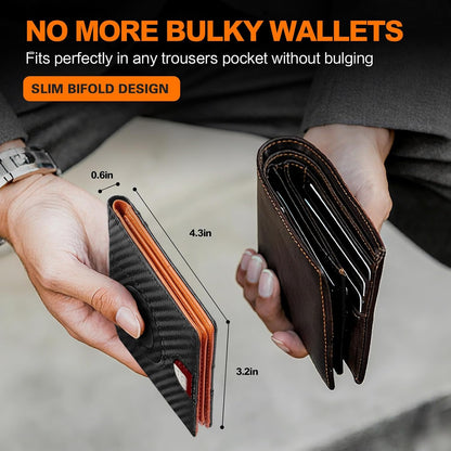 Wallet for Men Slim RFID Blocking Bifold Carbon Fiber,Minimalist Small Compact Front Pocket Credit Card Holder,Thin Mens Leather Wallets Smart Security With 2 ID Windows 1 Cash,Birthday Gifts for Men