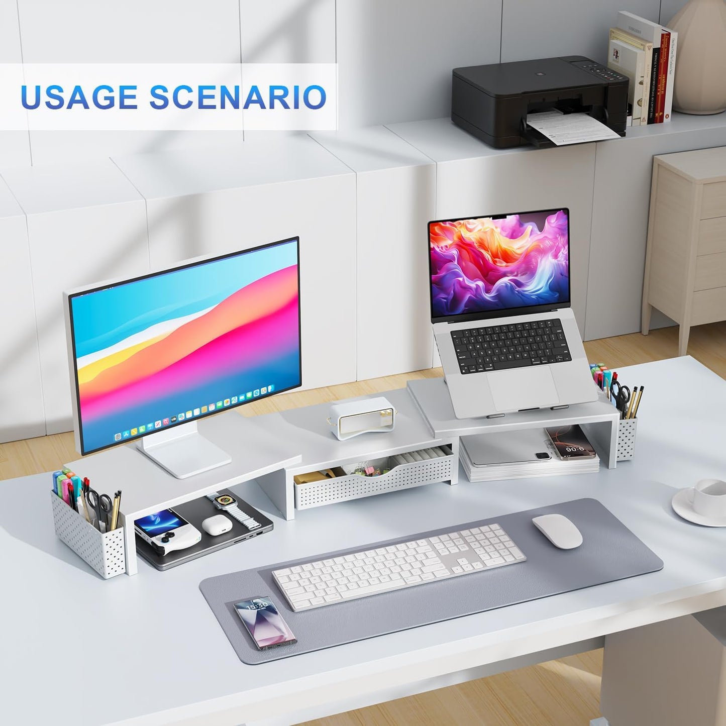 gianotter Dual Monitor Stand Riser, Desk Organizer With Drawer and 2 Pen Holders,Computer Monitor Stand, Desk Shelf for Top of Desk, Wood