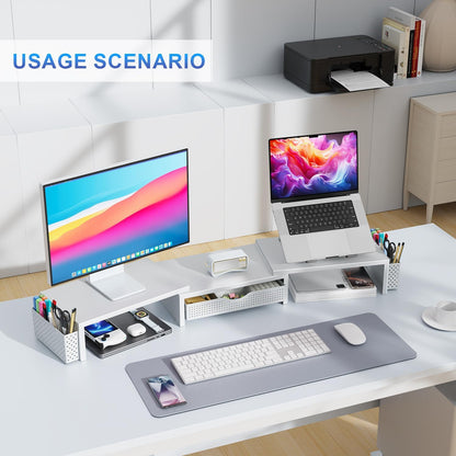 gianotter Dual Monitor Stand Riser, Desk Organizer With Drawer and 2 Pen Holders,Computer Monitor Stand, Desk Shelf for Top of Desk, Wood